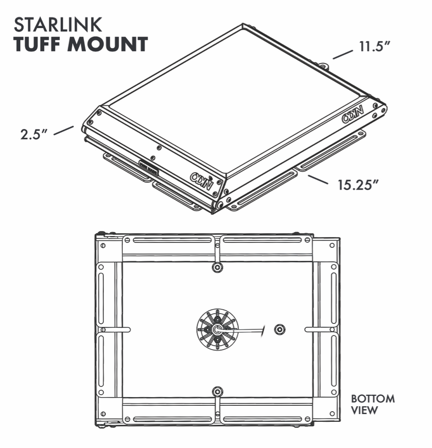 Odin Starlink Mini Tuff Mount size drawing with dimensions for mounting information with 2 views - 3/4 iso view and bottom view