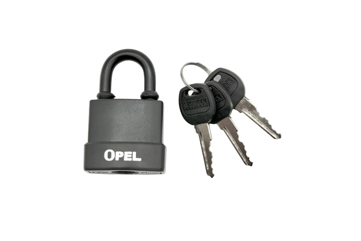 A black metal padlock with the brand name OPEL printed in white on the front, shown next to two matching keys on a white background.