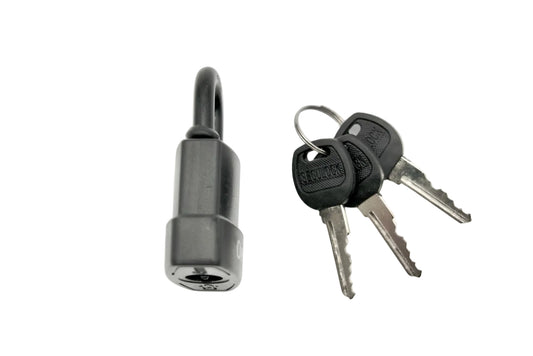 A black metal padlock with a key ring and three keys, shown on a plain white background.