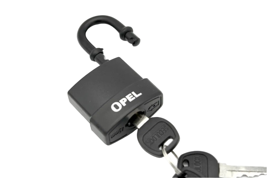 A black Opel key lock and attached keys, shown on a plain white background.