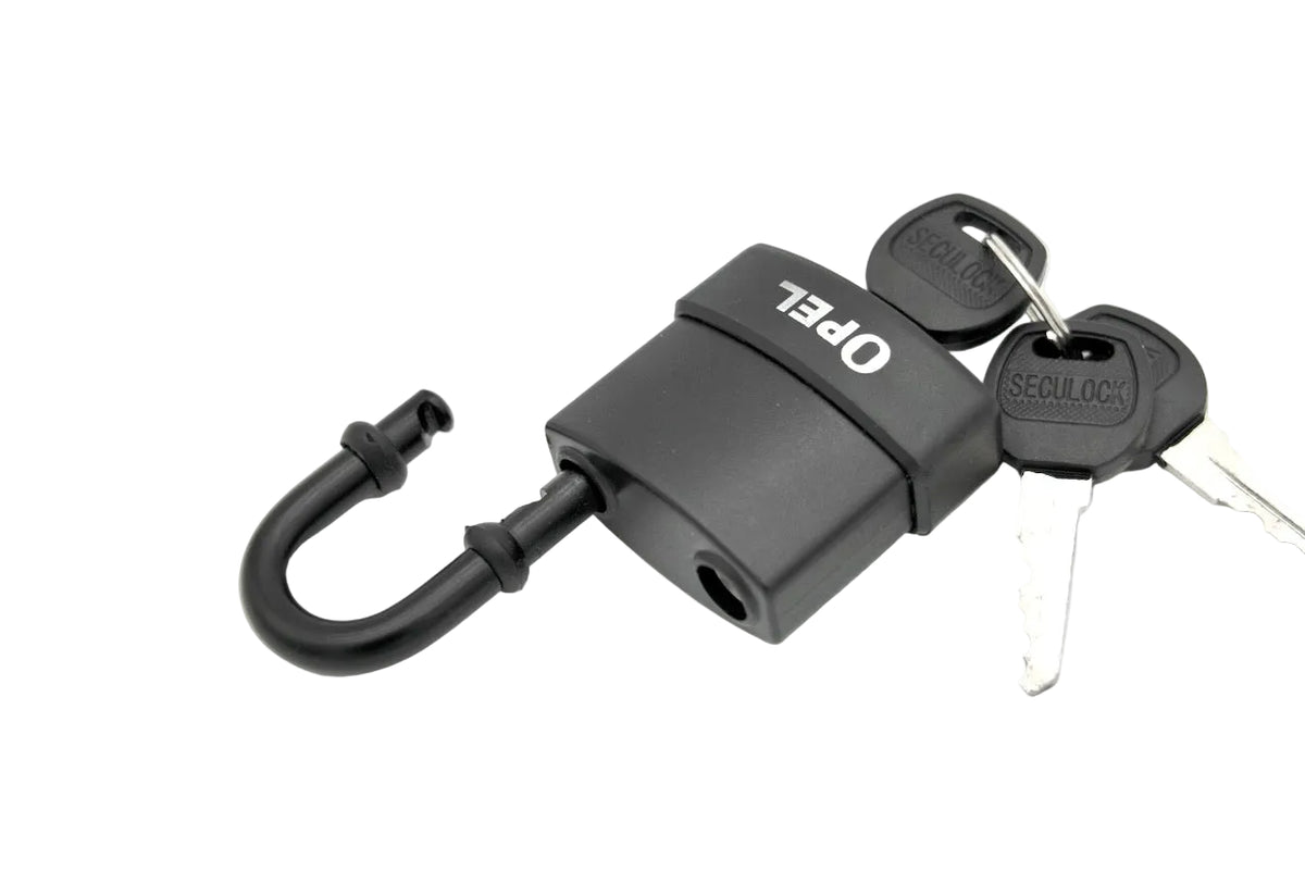 A black Opel  lock with and three keys on a white background.