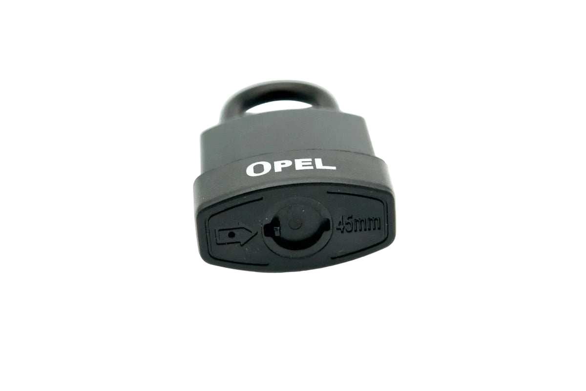 A black Opel 45mm padlock shown from the front against a plain white background.