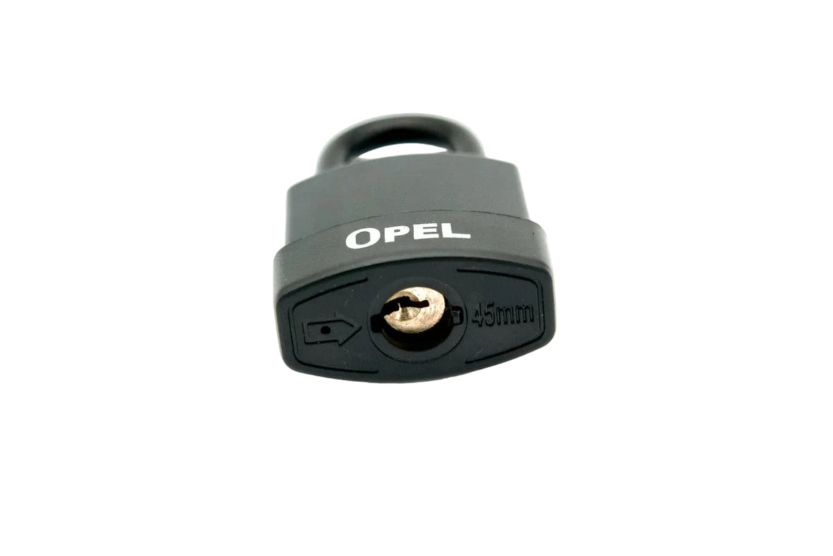 A black metal padlock with the brand name 'OPEL' printed in white on the front, featuring a 45mm lock body and a brass keyhole insert, shown on a plain white background.