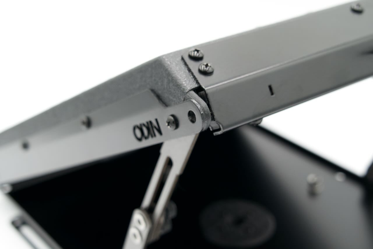 Detail corner view of open Tuff Mount for StarlInk Mini showing construction and fasteners