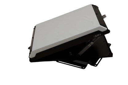 Tuff Mount for Starlink Mini shown from side and partially open. Also shows rotation on base plate